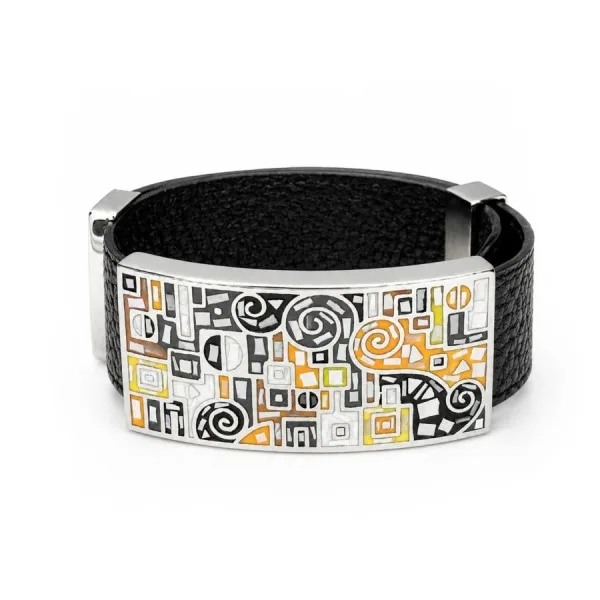 Bracelet acier - émail - nacre - cuir noir - largeur 2 cm - réglable