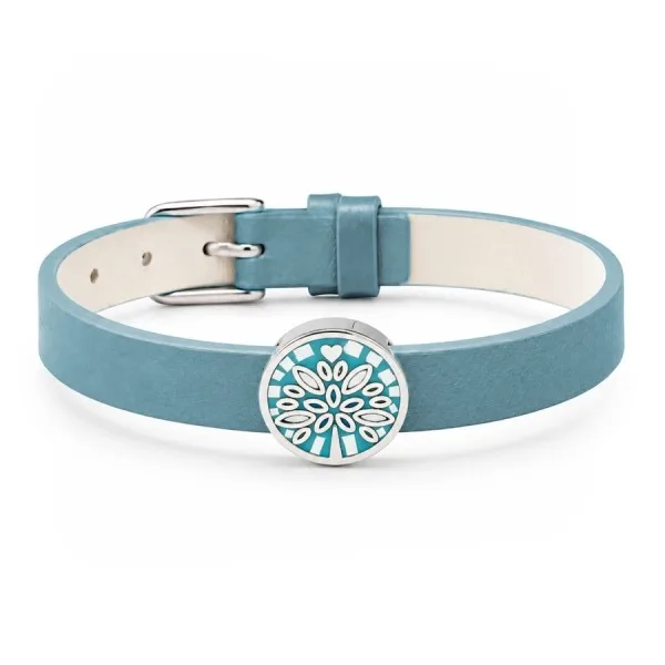 Bracelet acier - émail - nacre - cuir bleu - largeur 1 cm - 18 à 23 cm