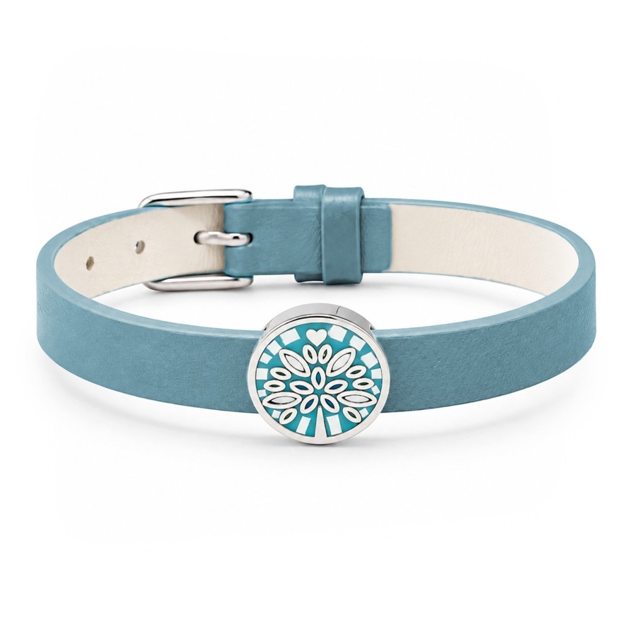 Bracelet acier - émail - nacre - cuir bleu - largeur 1 cm - 18 à 23 cm