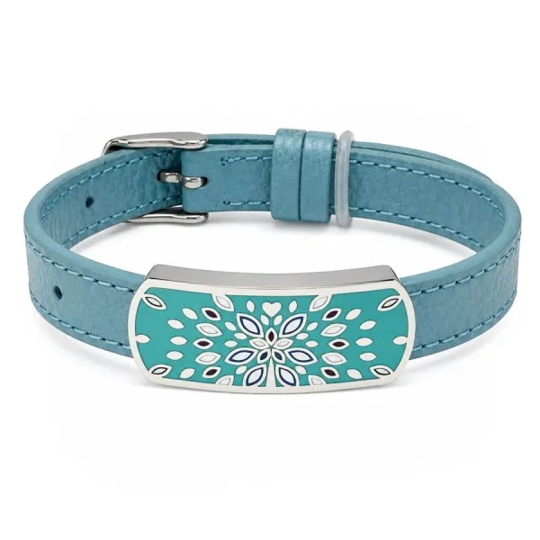 Bracelet acier - émail - nacre - cuir bleu - largeur 1 cm - 18 à 23 cm