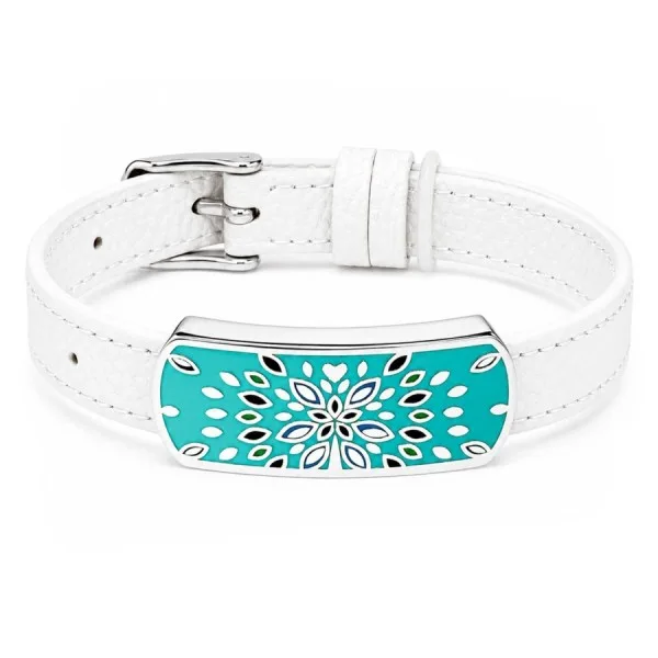 Bracelet acier - émail - nacre - cuir blanc - largeur 1 cm - 18 à 23 cm