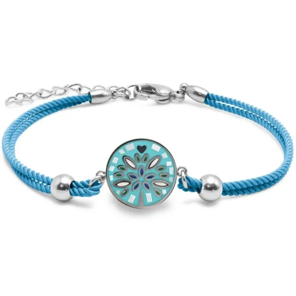 Bracelet en acier coton bleu - émail et nacre - arbre de vie - 15 + 5 cm