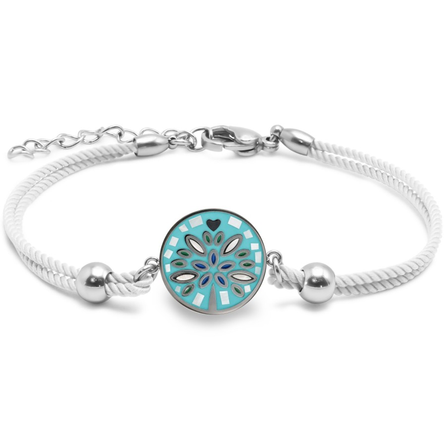 Bracelet en acier coton blanc - émail et nacre - arbre de vie - 15 + 5 cm