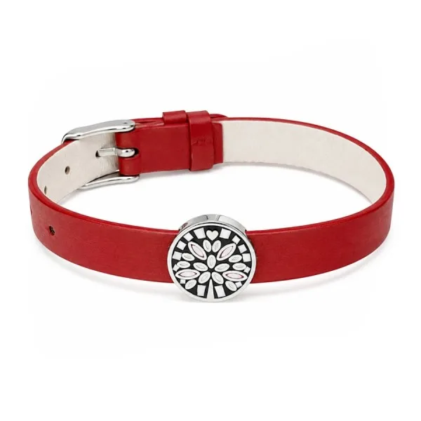 Bracelet acier - émail - nacre - cuir rouge - largeur 1 cm - 18 à 23 cm