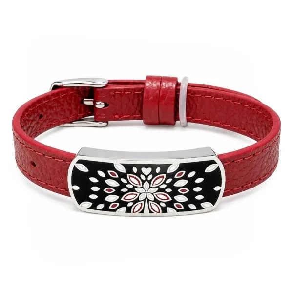 Bracelet acier - émail - nacre - cuir rouge - largeur 1 cm - 18 à 23 cm