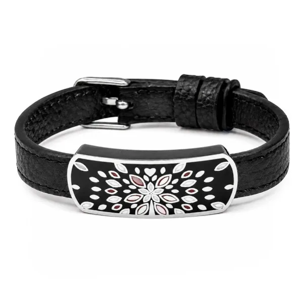 Bracelet acier - émail - nacre - cuir noir - largeur 1 cm - 18 à 23 cm
