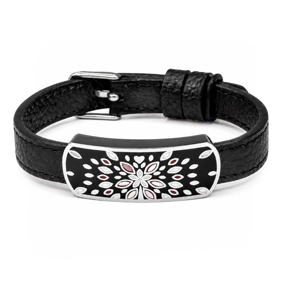 Bracelet acier - émail - nacre - cuir noir - largeur 1 cm - 18 à 23 cm