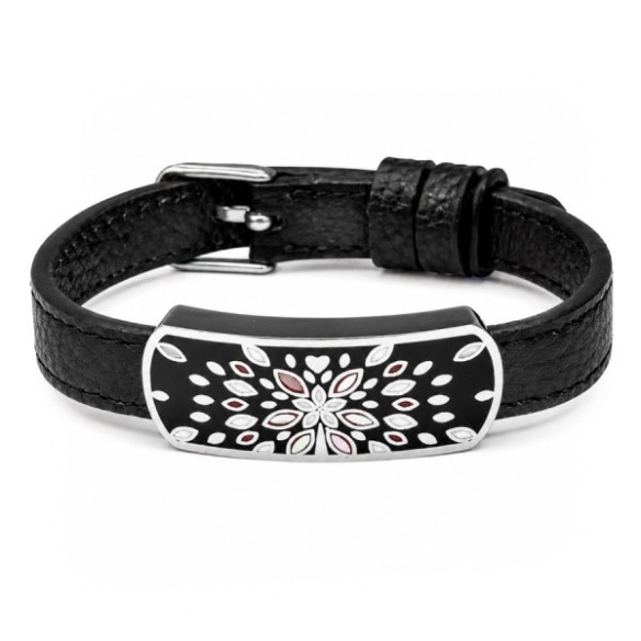 Bracelet acier - émail - nacre - cuir noir - largeur 1 cm - 18 à 23 cm