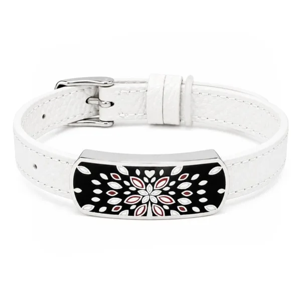 Bracelet acier - émail - nacre - cuir blanc - largeur 1 cm - 18 à 23 cm