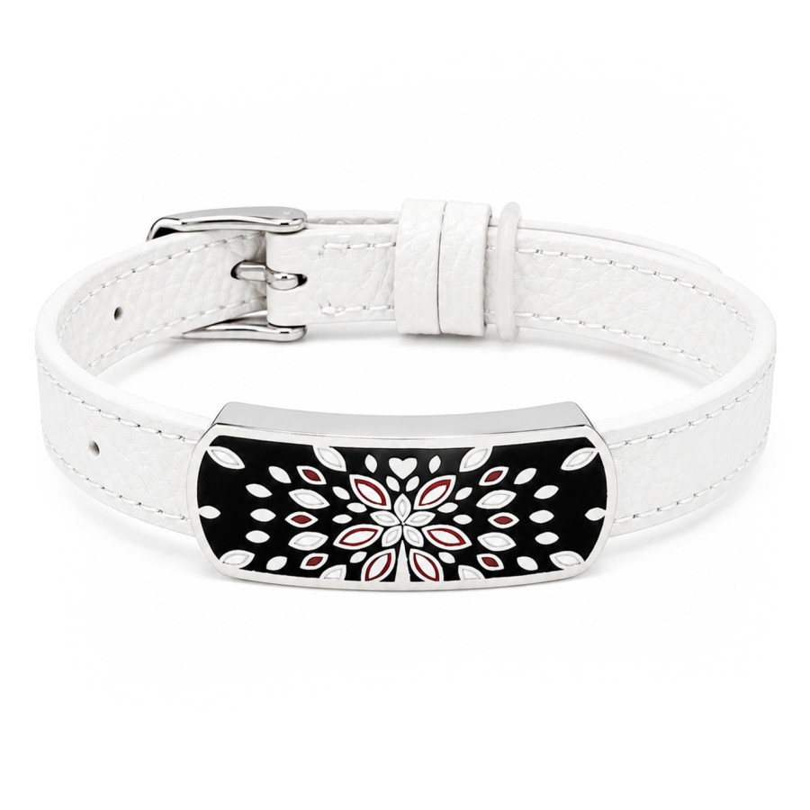 Bracelet acier - émail - nacre - cuir blanc - largeur 1 cm - 18 à 23 cm