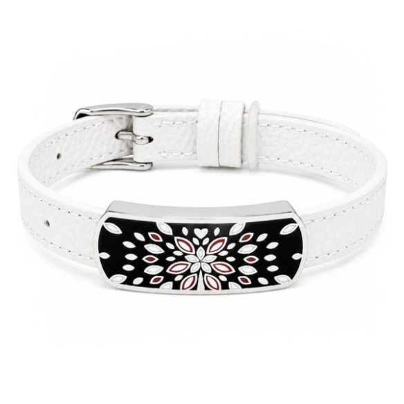Bracelet acier - émail - nacre - cuir blanc - largeur 1 cm - 18 à 23 cm
