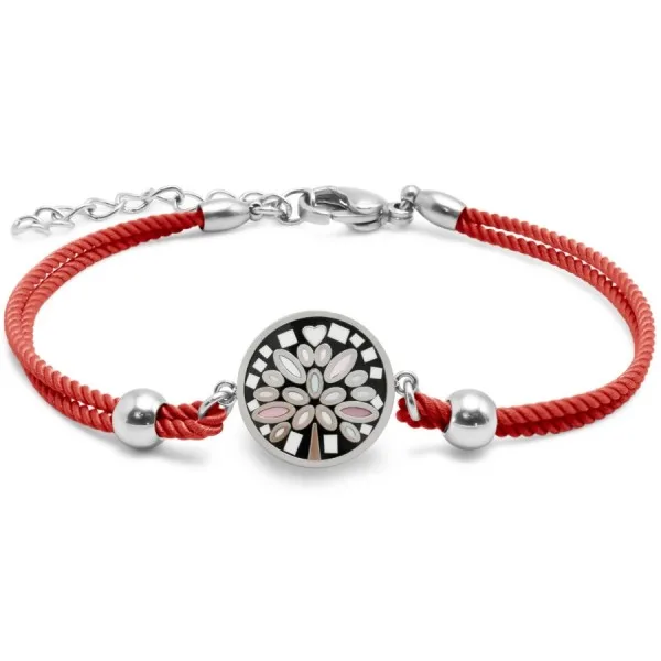 Bracelet en acier coton rouge - émail et nacre - arbre de vie - 15 + 5 cm