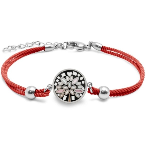 Bracelet en acier coton rouge - émail et nacre - arbre de vie - 15 + 5 cm