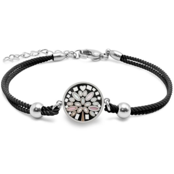 Bracelet en acier coton noir - émail et nacre - arbre de vie - 15 + 5 cm