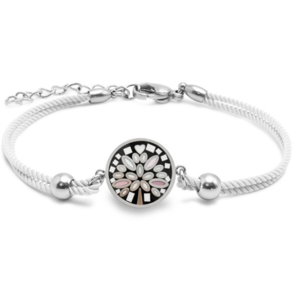 Bracelet en acier coton blanc - émail et nacre - arbre de vie - 15 + 5 cm