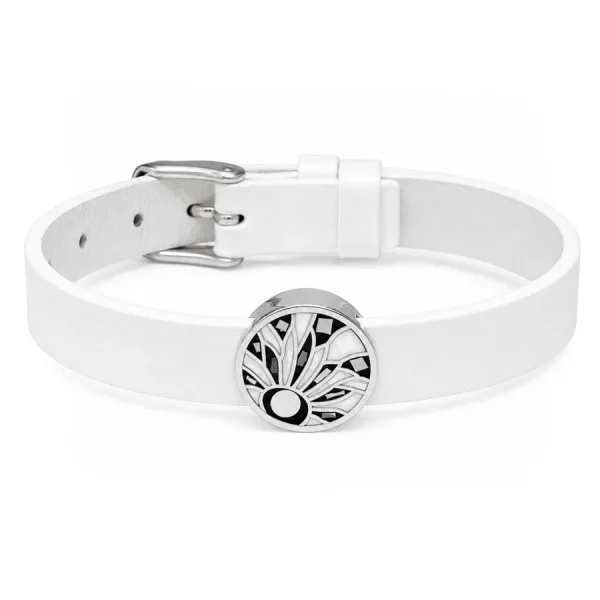 Bracelet acier - émail - nacre - cuir blanc - largeur 1 cm - 18 à 23 cm