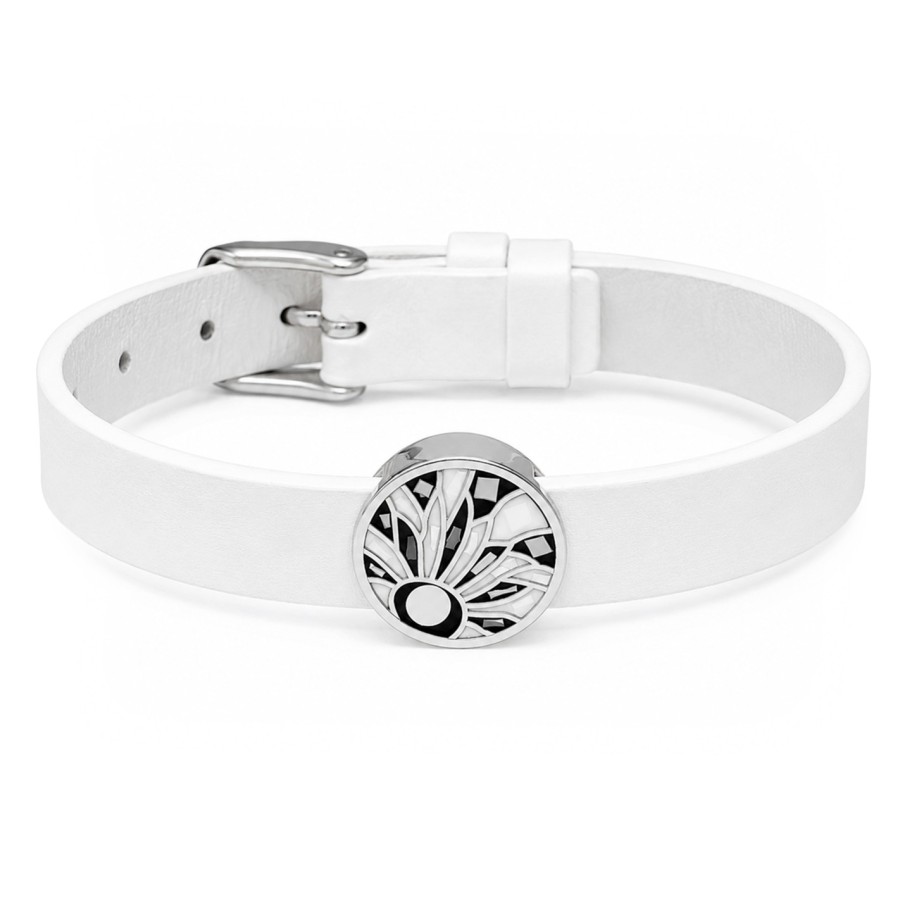 Bracelet acier - émail - nacre - cuir blanc - largeur 1 cm - 18 à 23 cm