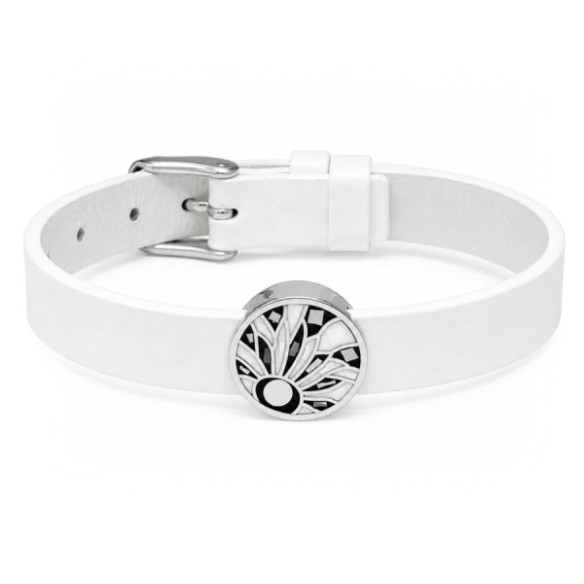 Bracelet acier - émail - nacre - cuir blanc - largeur 1 cm - 18 à 23 cm
