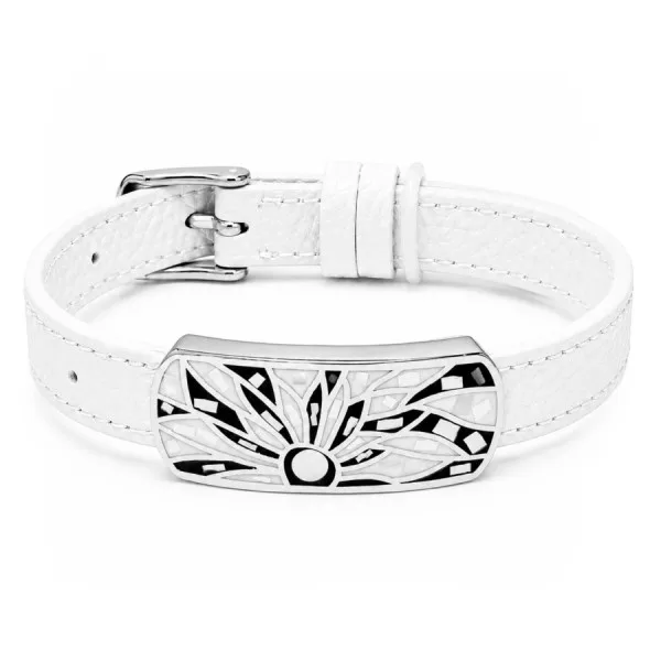 Bracelet acier - émail - nacre - cuir blanc - largeur 1 cm - 18 à 23 cm