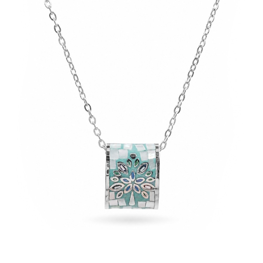 Collier en acier - émail et nacre - arbre de vie - 45 + 5 cm