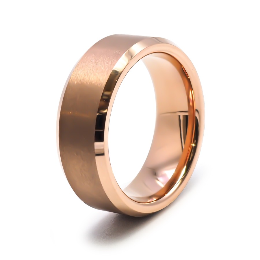 Bague tungstène - PVD rosé - finition brossée - côté biseauté - lar...