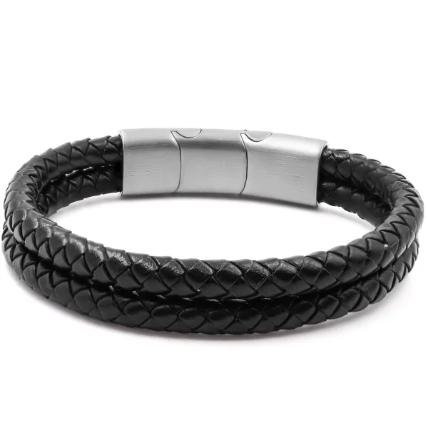 Bracelet acier pour homme - imitation cuir tressé noir - 2 rangs - ...