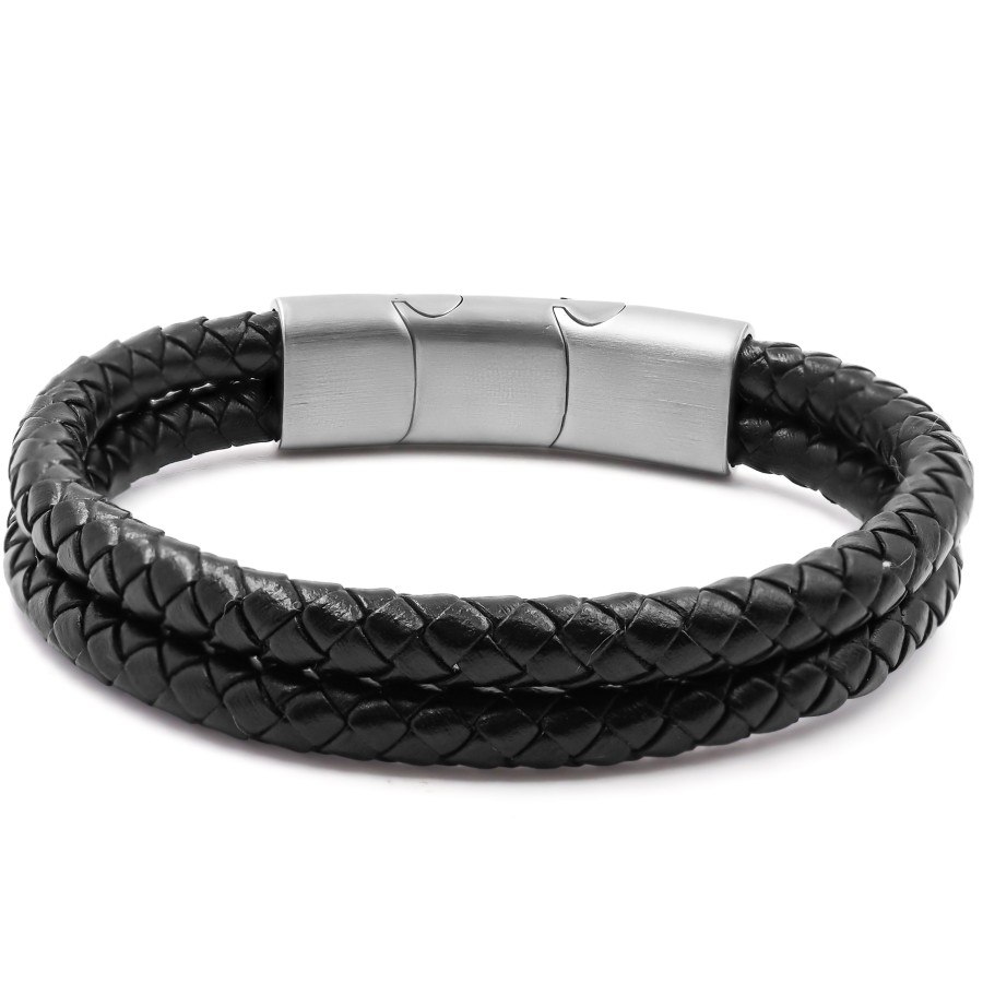 Bracelet acier pour homme - imitation cuir tressé noir - 2 rangs - ...