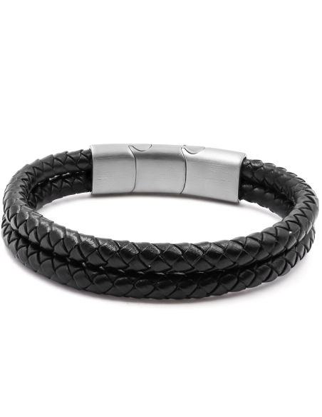 Bracelet acier pour homme - imitation cuir tressé noir - 2 rangs - ...