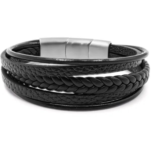 Bracelet acier pour homme - imitation cuir noir - 5 rangs - 19,5+1,...