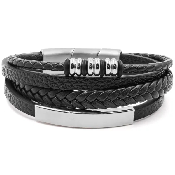 Bracelet acier pour homme - imitation cuir 3 rangs noirs - composan...