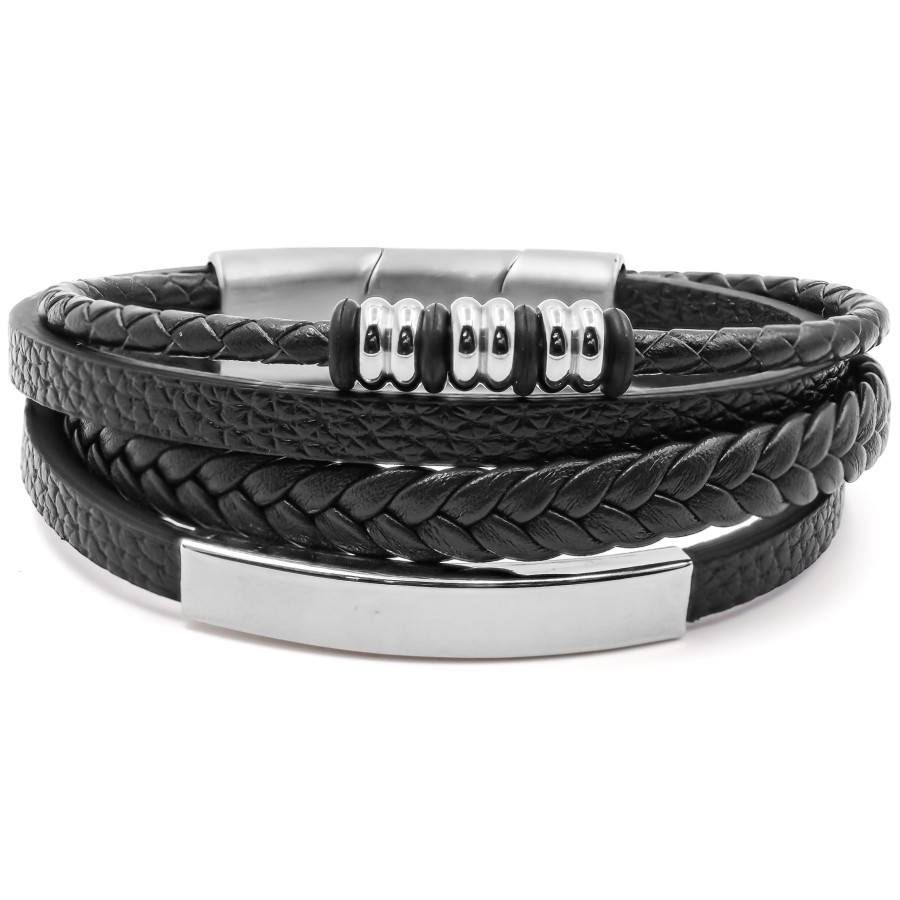 Bracelet acier pour homme - imitation cuir 3 rangs noirs - composan...