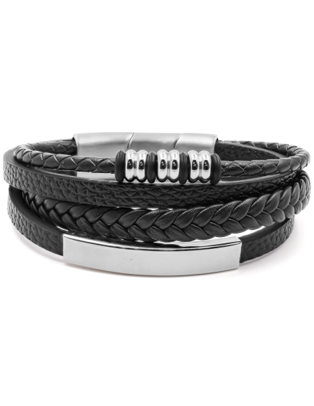 Bracelet acier pour homme - imitation cuir 3 rangs noirs - composan...