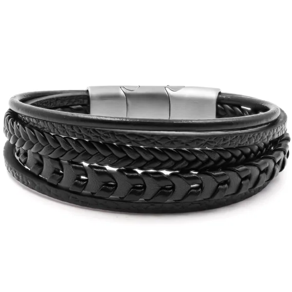 Bracelet acier pour homme - imitation cuir 5 rangs tressés et lisse...