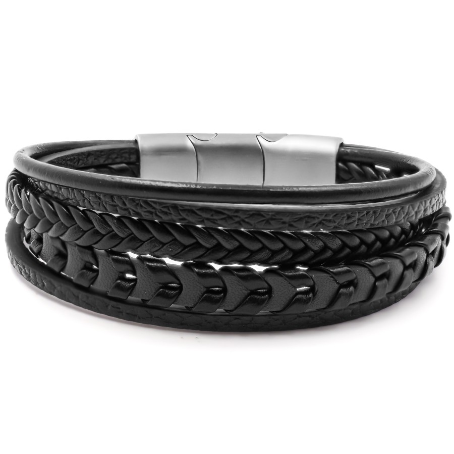 Bracelet acier pour homme - imitation cuir 5 rangs tressés et lisse...