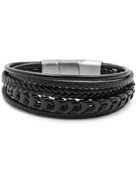 Bracelet acier pour homme - imitation cuir 5 rangs tressés et lisse...