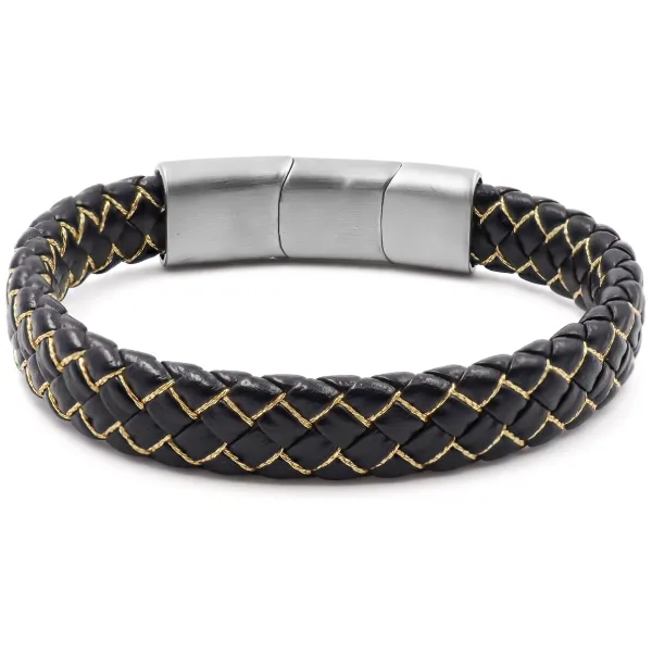 Bracelet acier pour homme - imitation cuir tressé noir - coton doré...