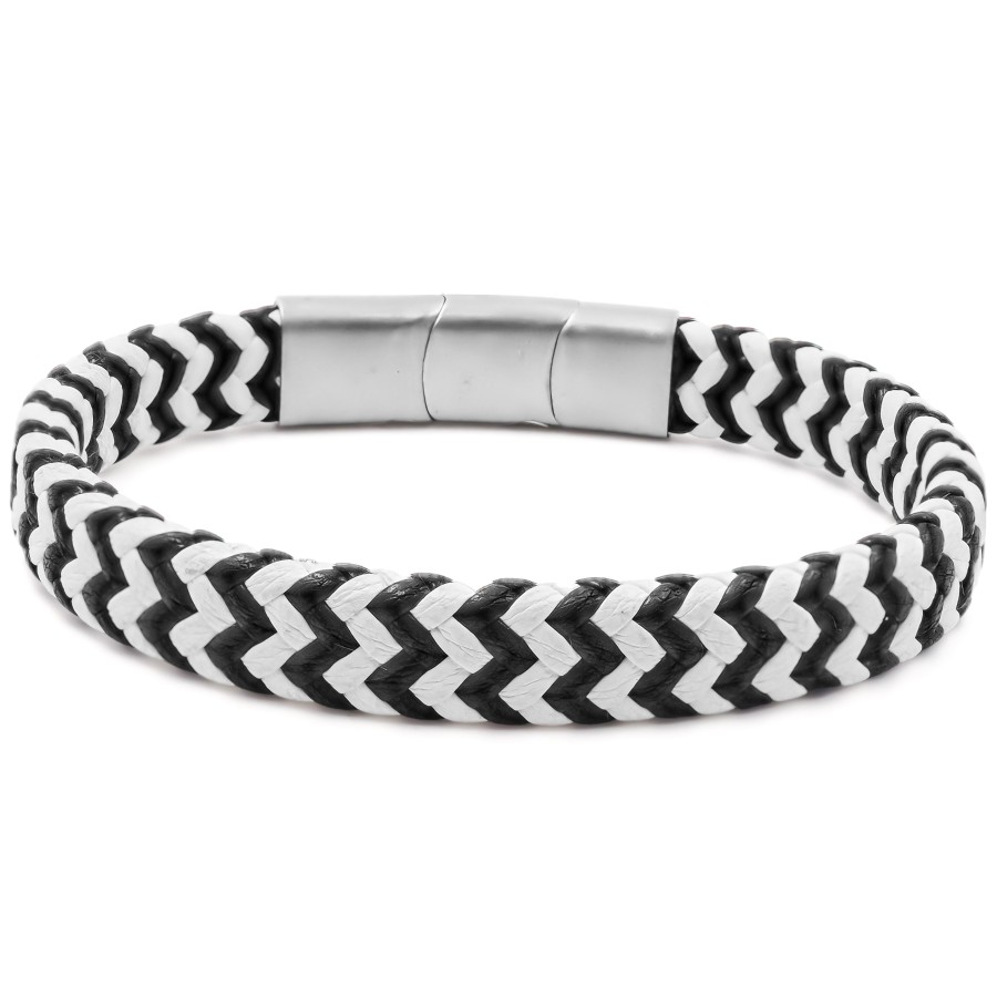 Bracelet acier pour homme - imitation cuir tressé noir et blanc - 1...