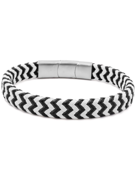 Bracelet acier pour homme - imitation cuir tressé noir et blanc - 1...