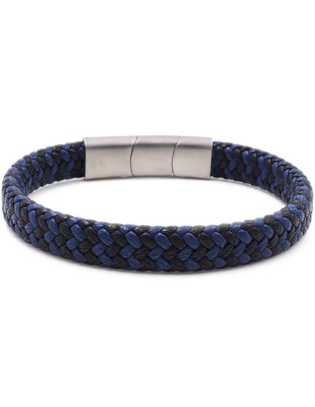 Bracelet acier pour homme - imitation cuir tressé noir et bleu - 19...