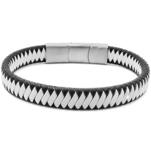Bracelet acier pour homme - imitation cuir tressé noir et blanc - 1...