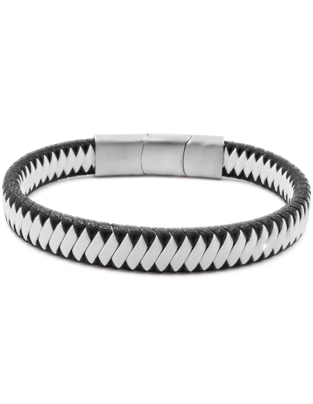 Bracelet acier pour homme - imitation cuir tressé noir et blanc - 1...