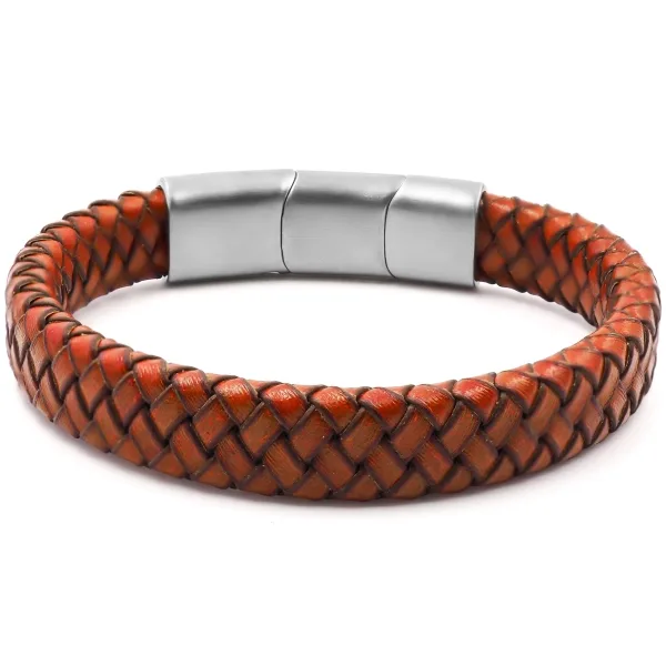 Bracelet acier pour homme - imitation cuir tressé orange - 19,5+1,5...