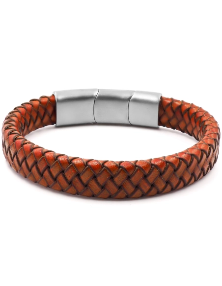 Bracelet acier pour homme - imitation cuir tressé orange - 19,5+1,5...