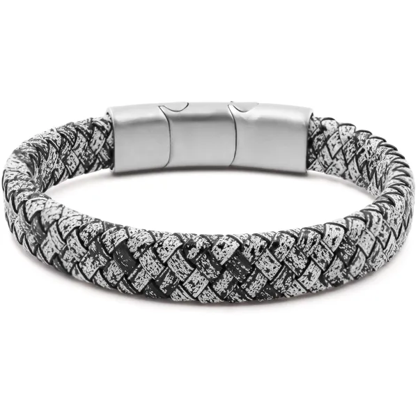 Bracelet acier pour homme - imitation cuir tressé blanc et noir - 1...