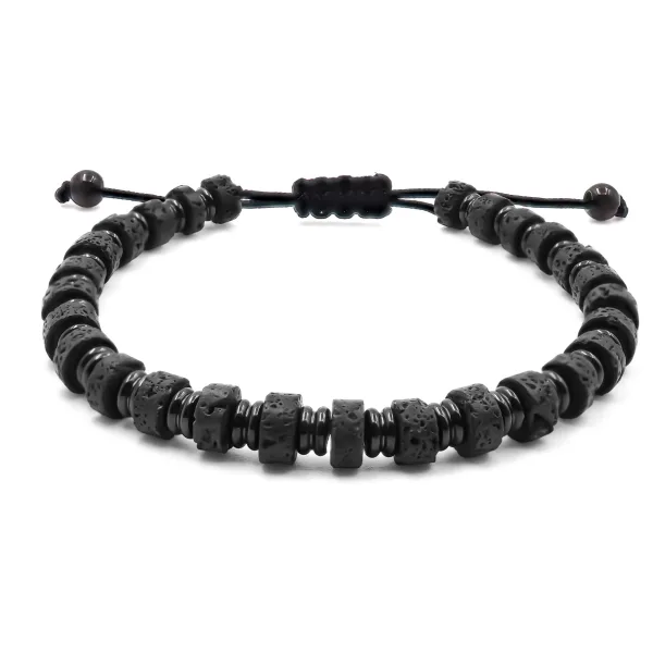 Bracelet acier PVD noir - disques pierre de lave 6x4mm - coton noir...