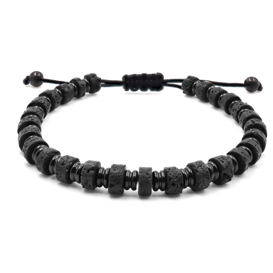 Bracelet acier PVD noir - disques pierre de lave 6x4mm - coton noir...