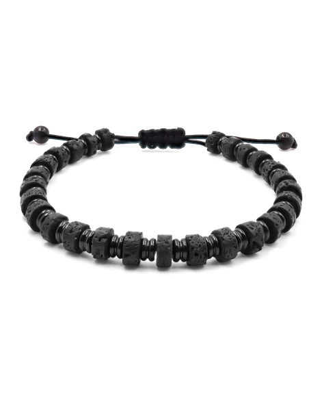 Bracelet acier PVD noir - disques pierre de lave 6x4mm - coton noir...