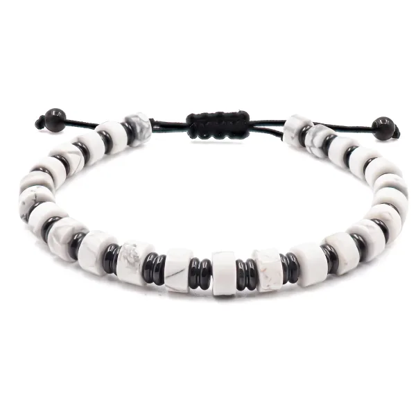 Bracelet acier PVD noir - disques howlite blanche 6x4mm - coton noi...