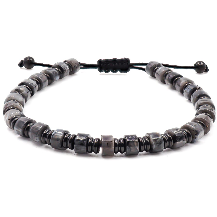 Bracelet acier PVD noir - disques jaspe gris 6x4mm - coton noir - r...