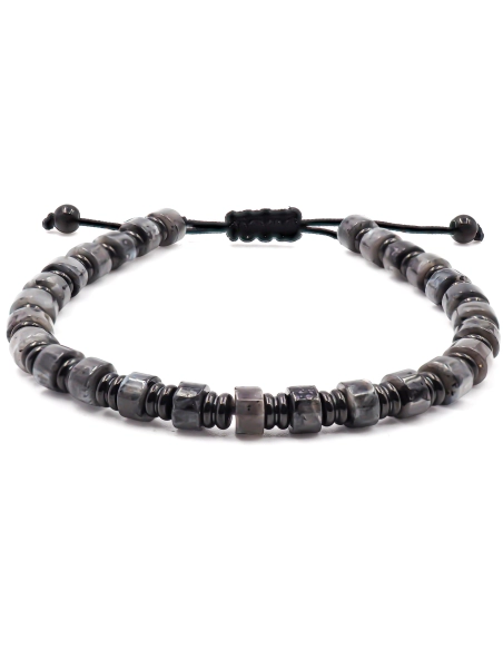 Bracelet acier PVD noir - disques jaspe gris 6x4mm - coton noir - r...